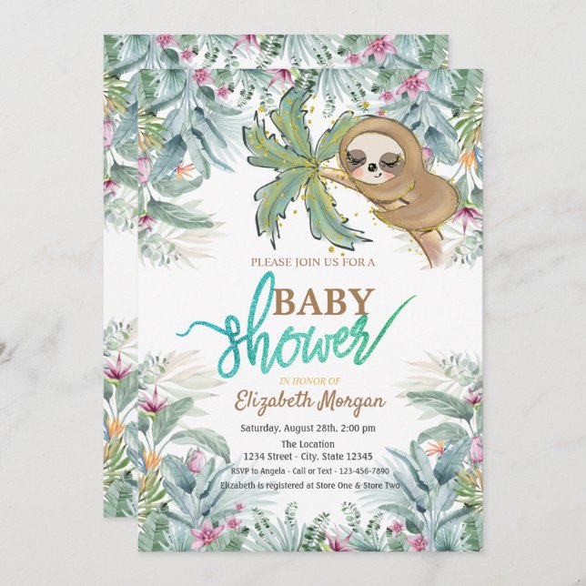 Schlafsessel Tropische Blume Leaf Babydusche Einladung (Vorne/Hinten)