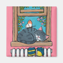 Schlaftablette Katze mit Schmetterling auf Fenster Magnet