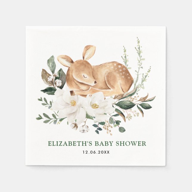 Schlafwald Hirsche Weiße Blumengrün Fawn Serviette (Vorderseite)