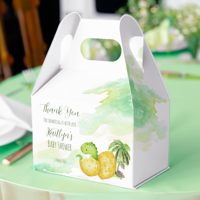 Schläge bald Aquarell grüner Baby Dinosaurier Geschenkschachtel (Hatching soon baby shower favor box watercolor green cute baby dinosaur in an egg favor box)