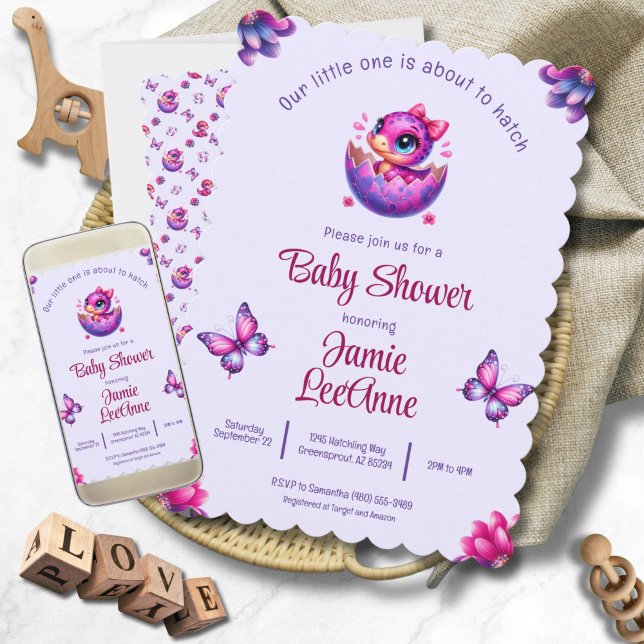 Schlägen bald Baby Lila Dinosaur Baby Dusche Einladung ("Hatching Soon" Modern Purple Baby Dinosaur Baby Shower Invitation - Print and Digital)