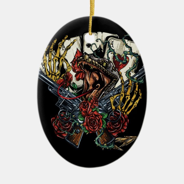 Schlangen-Gewehr-und Rosen-Poker-Karten Keramik Ornament (Vorne)