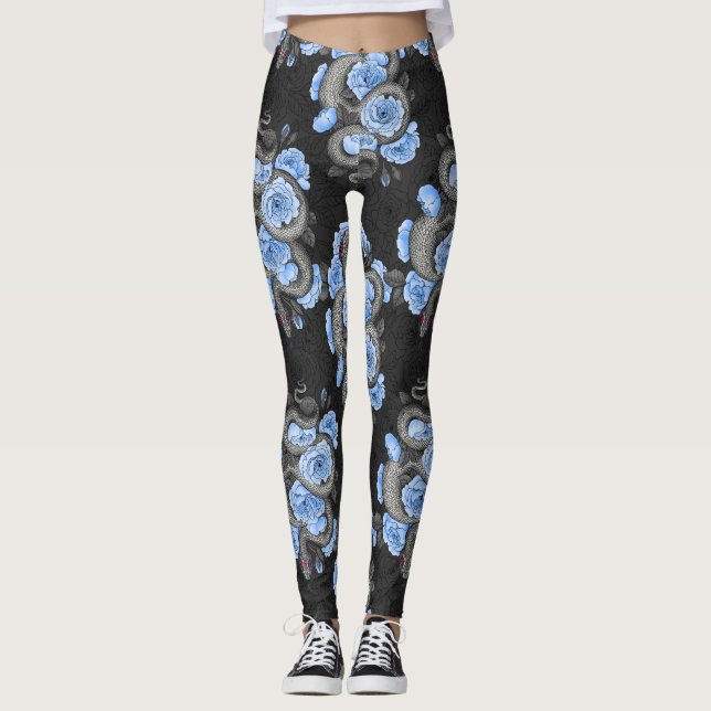 Schlangen und blaue Rose Leggings (Vorderseite)