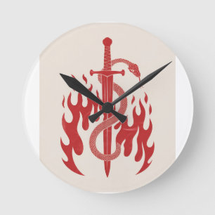 Schlangen- und Schwert-Risographik-Kunstprint Ro Runde Wanduhr