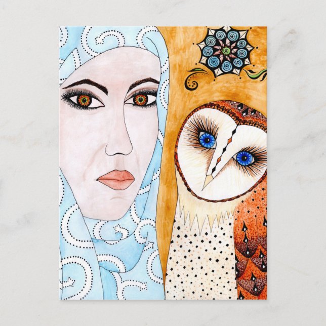 Schleiereule & Frau Postkarte (Vorderseite)