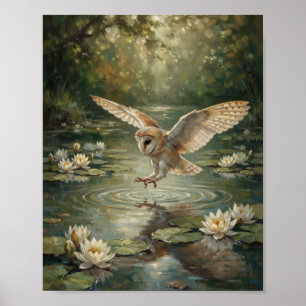Schleiereule überfliegt Teichwasser Weiße Seerose  Poster