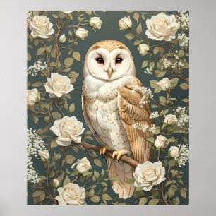 Schleiereule und weiße Rosen, inspiriert von Willi Poster