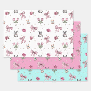 Schleifen, Häschen und Blumen Geschenkpapier Set