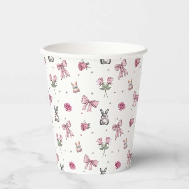 Schleifen, Häschen und Blumen Pappbecher (Vorderseite)