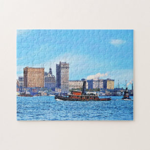 Schlepper in der Nähe der Skyline von New York Cit Puzzle