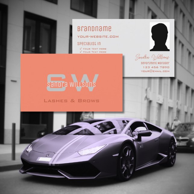 Schlicht Coral Light Gray mit Monogramm und Foto Visitenkarte (Von Creator hochgeladen)