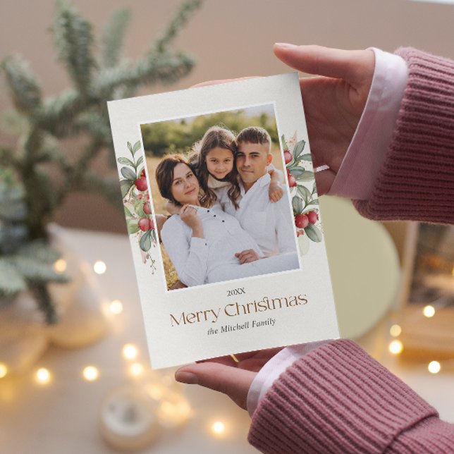 Schlicht Elegant Frohe Weihnachten Blumenbeeren FO (Botanical Christmas photo card with berries and leaves in classic holiday colors and photo)