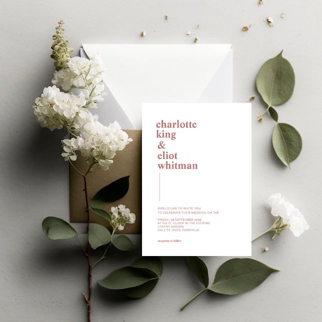 Schlicht modern Weiß, Braun einladung (Modern, simple, white wedding invitation with brown font.)