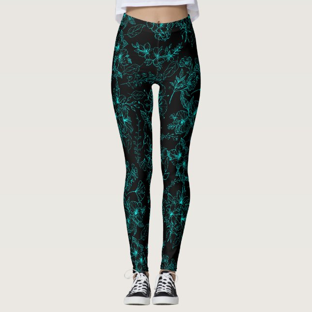 Schlichte Blume Muster 01b.Lblue Black BG Leggings (Vorderseite)