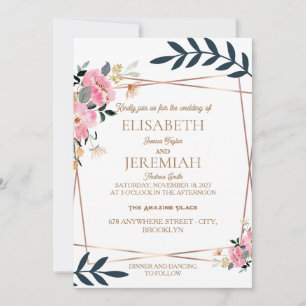 schlichte, elegante boho blumengoldene Hochzeit Einladung
