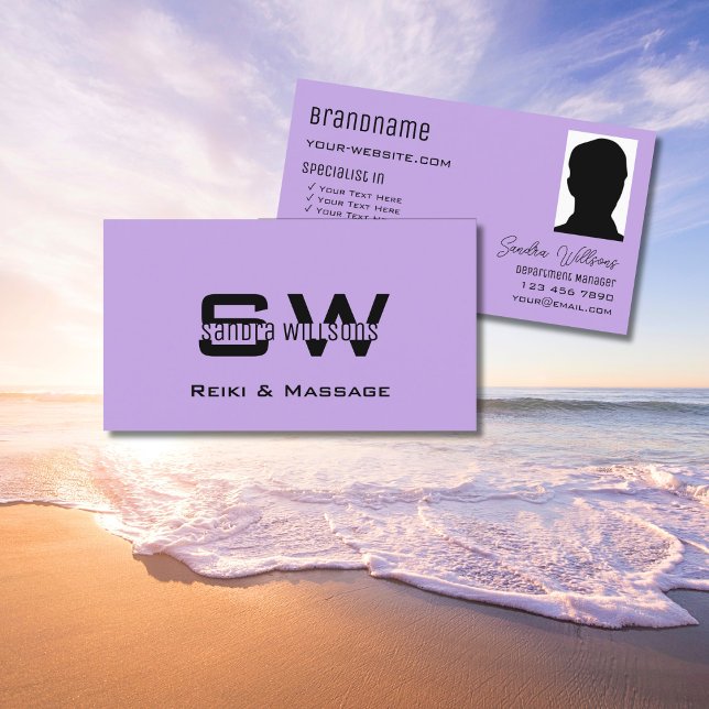 Schlichte Lilac mit Monogramm und Foto Light Lila Visitenkarte (Von Creator hochgeladen)