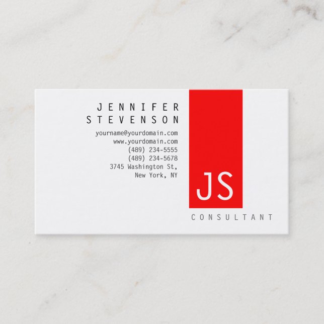 Schlichte Monogram Red Clean White Business Card Visitenkarte (Vorderseite)