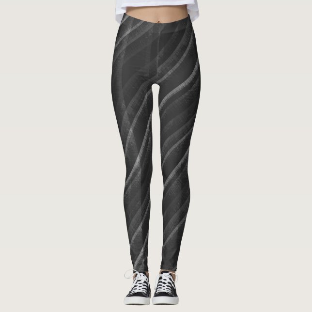 Schlichte schwarz-graue, gestörte Diagonalstreifen Leggings (Vorderseite)