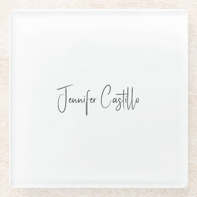 Schlichte Schwarz-weiße Minimalistische Kalligrafi Glasuntersetzer (Vorderseite)