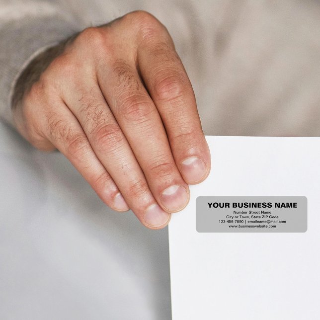 Schlichte Texte Unternehmensmarke auf grauer Rücks (Gray return address label with your business brand in plain text)