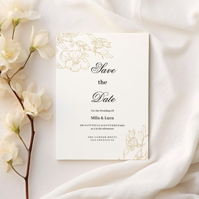 Schlichte, weißgoldfarbene Blüte Save the Date Einladung (Simple elegant white gold floral Save the Date )