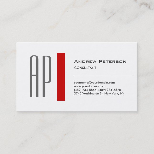 Schlichte White Red Trendly Monogram Business Card Visitenkarte (Vorderseite)
