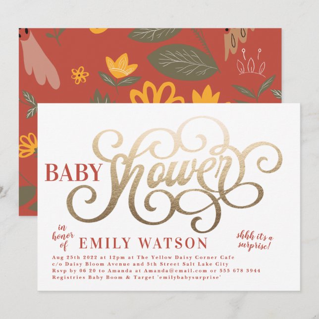 Schlichte White Rustic Country Gold Foil Babydusch Einladung (Vorne/Hinten)