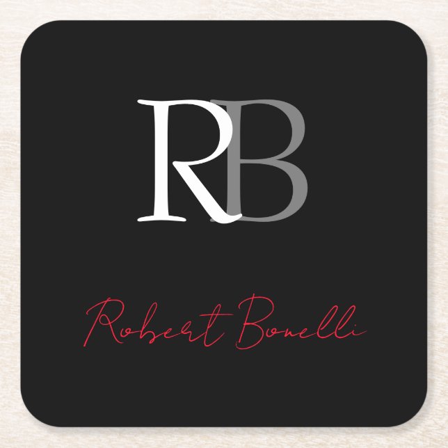Schlichter Name der Mit Monogramm  Schwarzen Schri Rechteckiger Pappuntersetzer (Vorderseite)