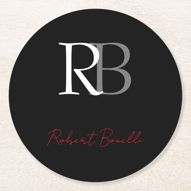 Schlichter Name der Mit Monogramm  Schwarzen Schri Runder Pappuntersetzer (Vorderseite)