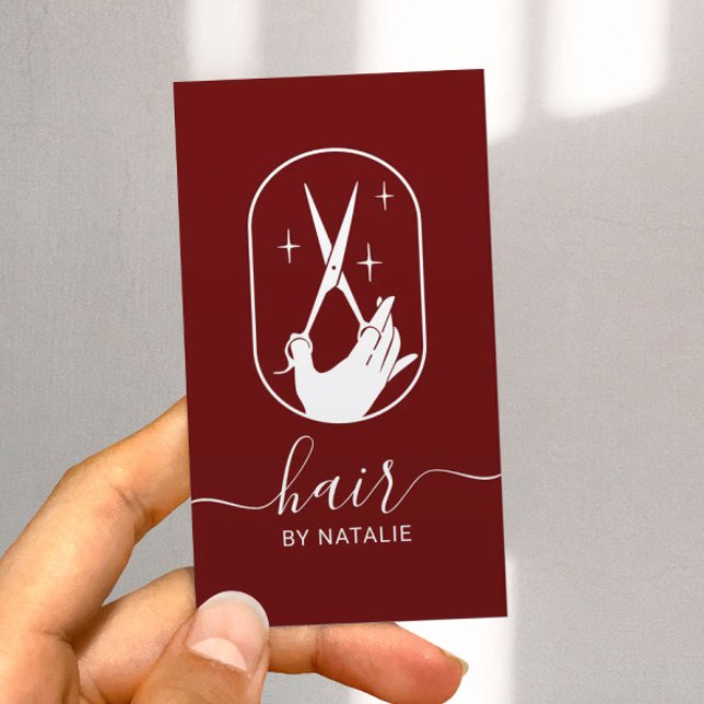 Schlichter Red Salon mit Friseur-Stylistenschere u Visitenkarte (Von Creator hochgeladen)