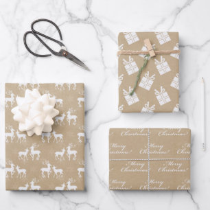 Schlichtes Braunpapier mit Weihnachtsdesigns Geschenkpapier Set