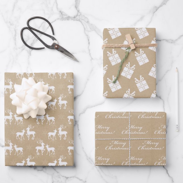 Schlichtes Braunpapier mit Weihnachtsdesigns Geschenkpapier Set (Vorderseite)