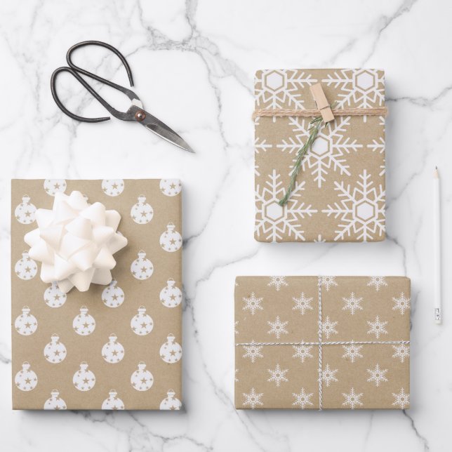 Schlichtes Braunpapier mit Weihnachtsdesigns Geschenkpapier Set (Vorderseite)