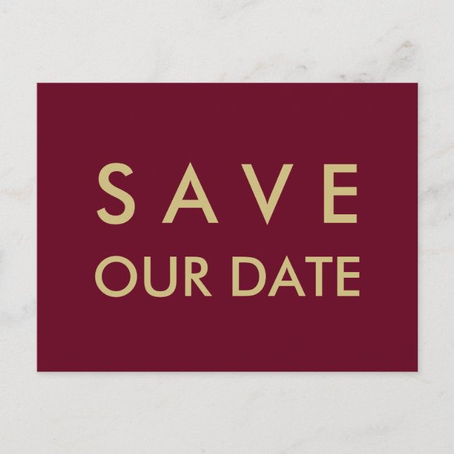 Schlichtes Burgund & Gold Save the Date Ankündigungspostkarte (Vorderseite)