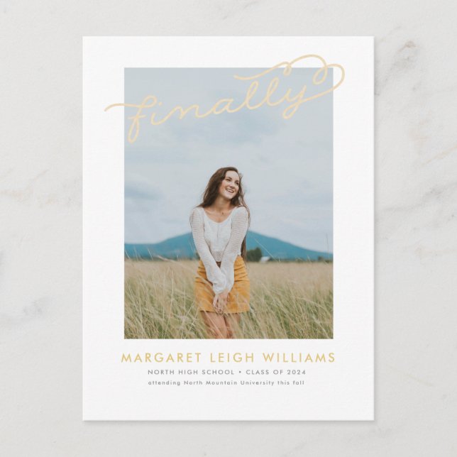 Schließlich Foto-Abschluss-Mitteilungs-Postkarte Einladungspostkarte (Vorderseite)