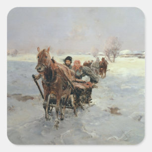 Schlitten in einer Winterlandschaft Quadratischer Aufkleber