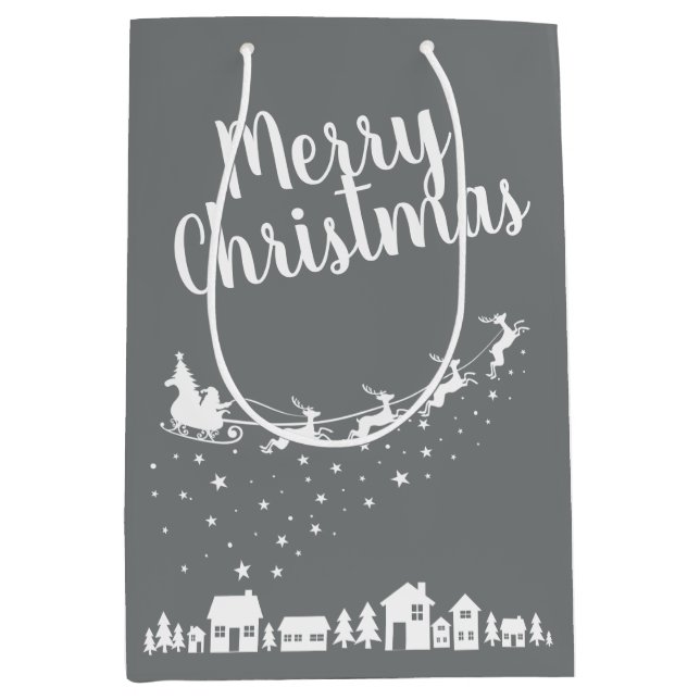 Schlitten und Rentiere des Weihnachtsmanns über de Mittlere Geschenktüte (Vorderseite)