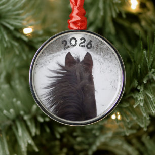 Schlittenansicht des schwarzen Pferdes, schneebede Ornament Aus Metall