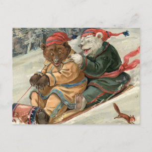 Schlittenfahrende Bären Postkarte