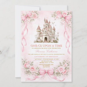 Schloss mit rosa Schleife zum ersten Geburtstag Einladung