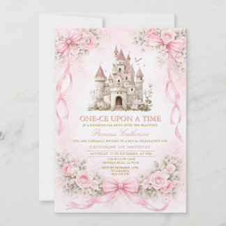 Schloss mit rosa Schleife zum ersten Geburtstag Einladung