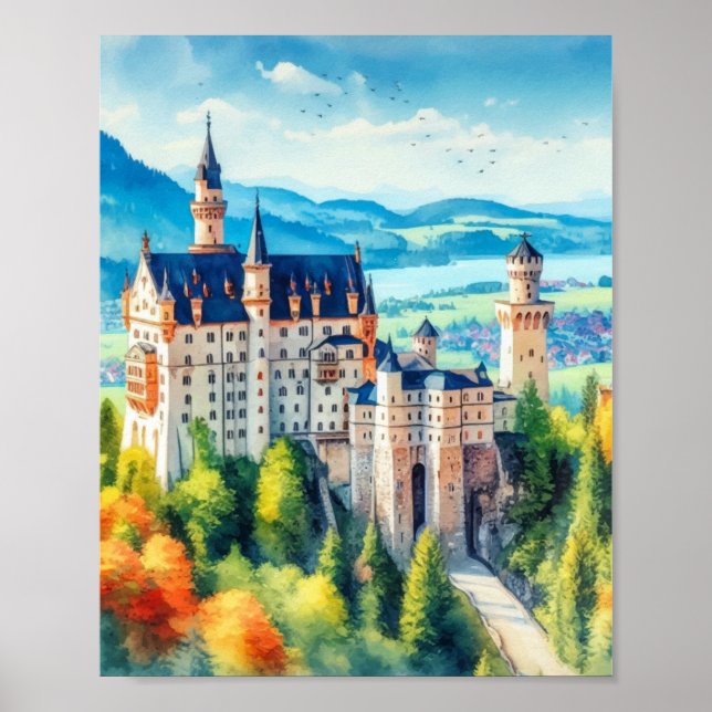 Schloss Neuschwanstein Deutschland Wasserfarbe Poster (Vorne)