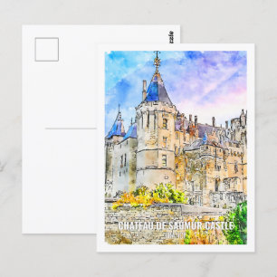 Schloss Saumur Burg Reiseort Wasserfarbe Postkarte