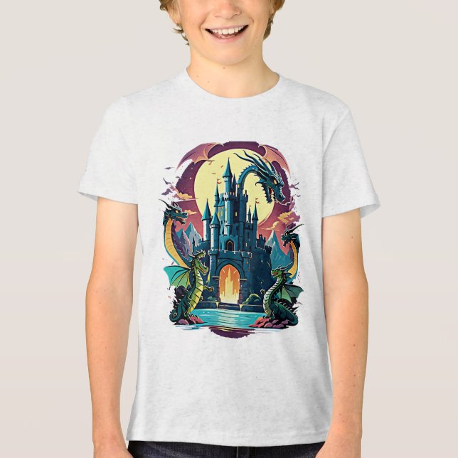 Schloss verzaubert mit Wächterdrache Tri-Blend Shirt (Vorderseite)