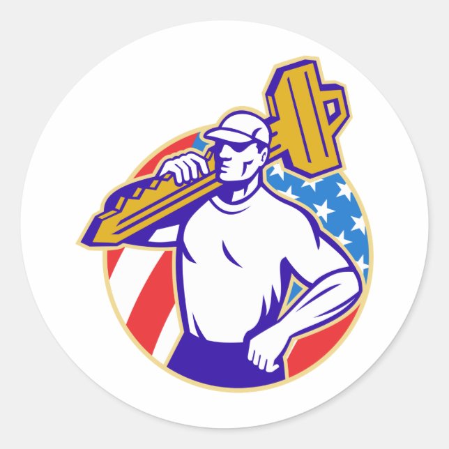 Schlosserschlüssel mit amerikanischer Fahne Runder Aufkleber (Vorderseite)