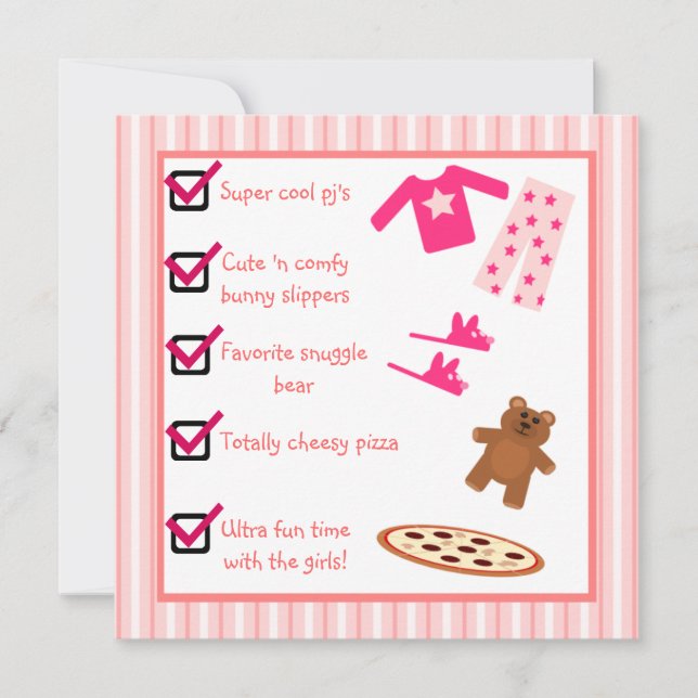 Schlummer-Party-Pyjama-Pantoffel-Checkliste Einladung (Vorderseite)