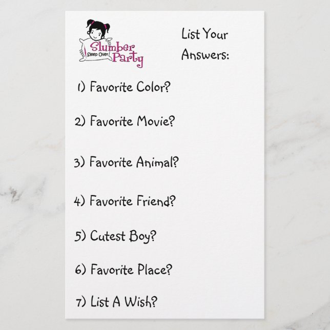 Schlummer-Party-Spaß-Liste 2 Briefpapier (Vorderseite)