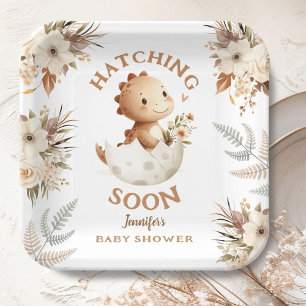 Schlüpft bald! Boho neutrale Dinosaurier-Baby-Part Pappteller