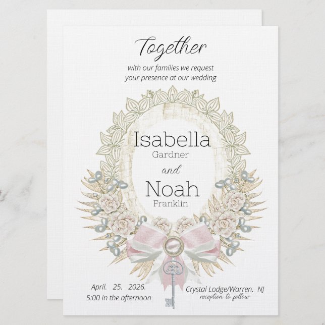 Schlüssel für Ihre Herz Elegante flache Hochzeit E Einladung (Vorne/Hinten)