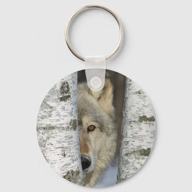 Schlüsselanhänger mit Foto von grauem Wolf in Birk (Vorderseite)